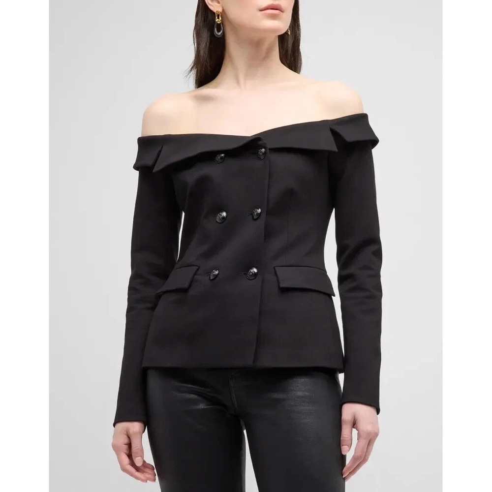 L'Agence‎ Stephan Off Shoulder Ponte Double Breasted Blazer Jacket Top Black S